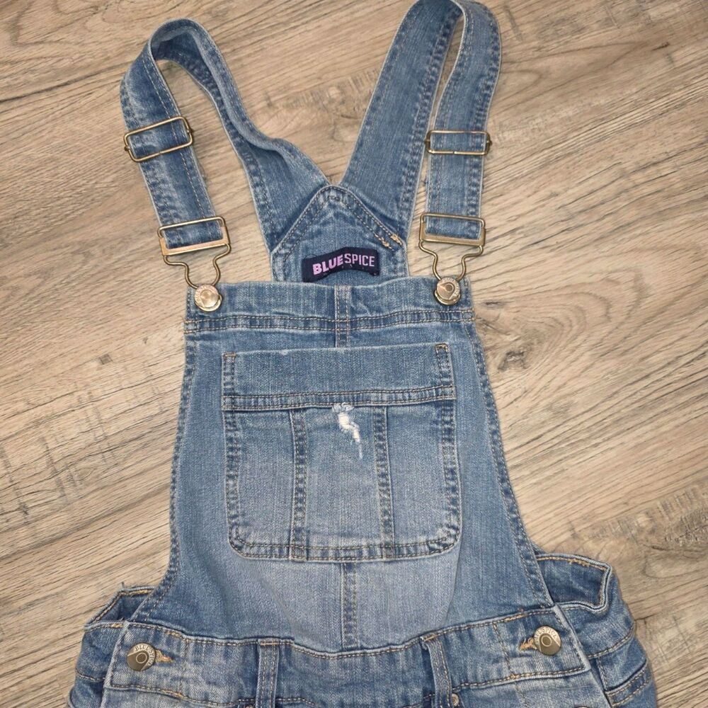 Blue Spice Distressed Denim Overall Shorts | Juniors Size 1 | Light Wash Stretch - Picture 3 of 8